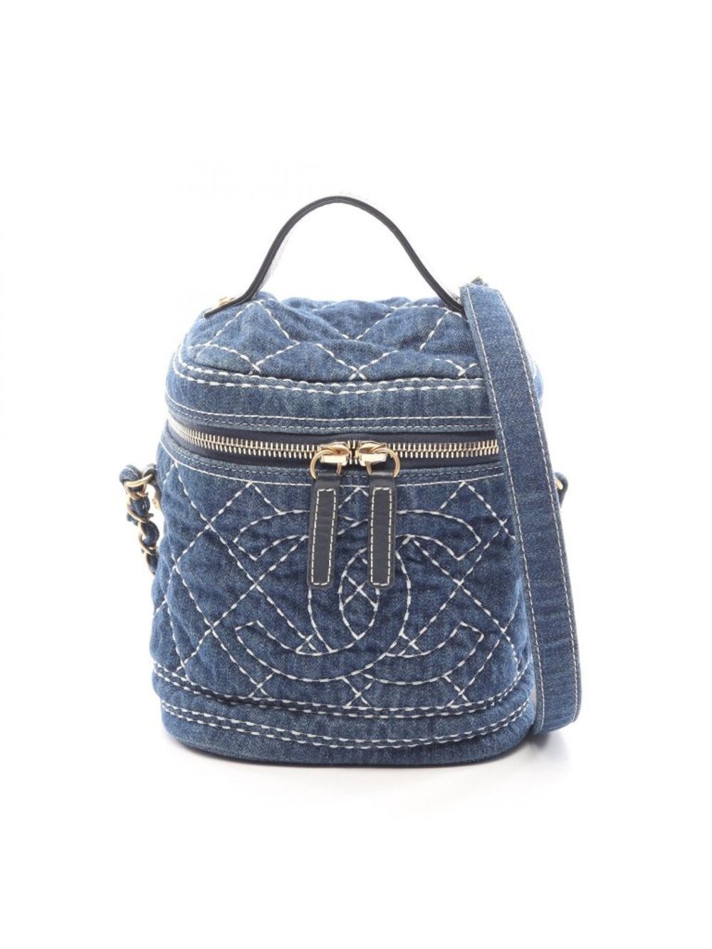 Chanel Shoulder Bag CC Logo Vanity 2-Way Denim Blue White Chain